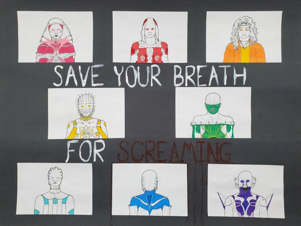 Sacreligious Diptych - Pop art project inspired by Hellraiser (2022) | Colored pencil, acrylics, ink